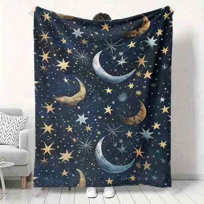 Enchanting Star & Moon Night Sky Throw Blanket - Celestial-Themed Soft Blanket for Dreamy Cozy Home Decor