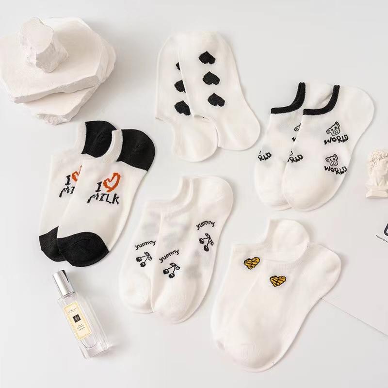 5 Pairs of WOMEN'S Boat Socks Invisible Low Cut Silicone Anti Slip Summer Ankle Socks Cotton Heart Mesh Breathable