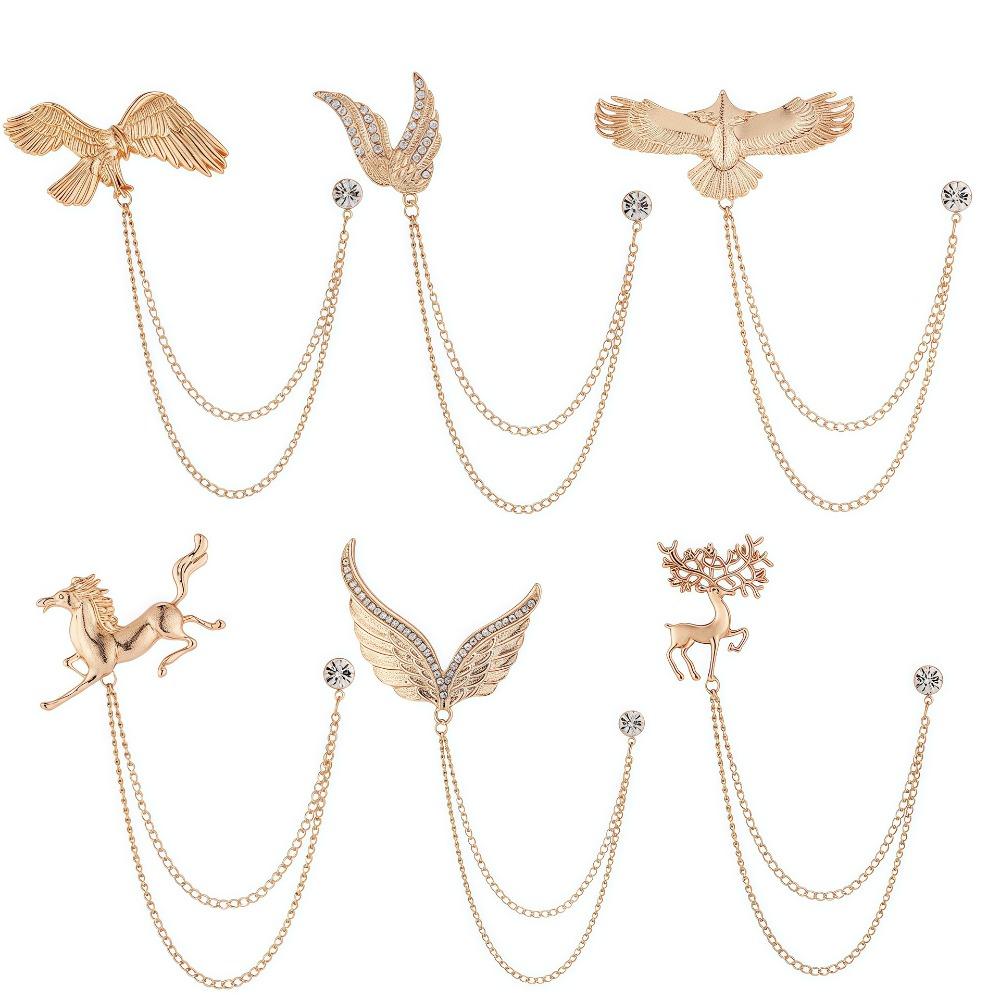 Fashion Metal Rhinestone Brooch for Women and Men Tasse Animal Lapel Pins Eagle Deer Wings Design Collar Pin Jewelry Gifts