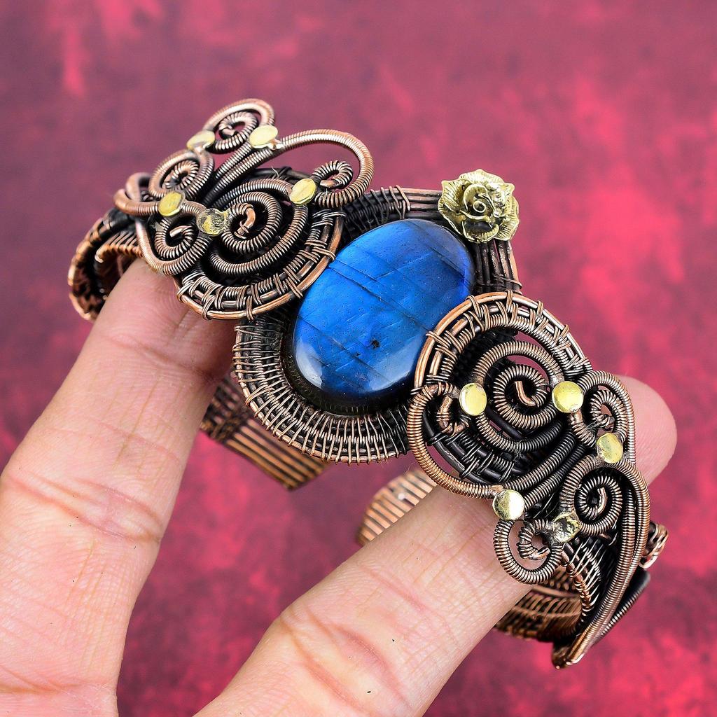 Labradorite gemstone bangle copper wire wrapped cuff bracelet adjustable bangle copper jewelry gifts for him handmade bracelet flower bangle