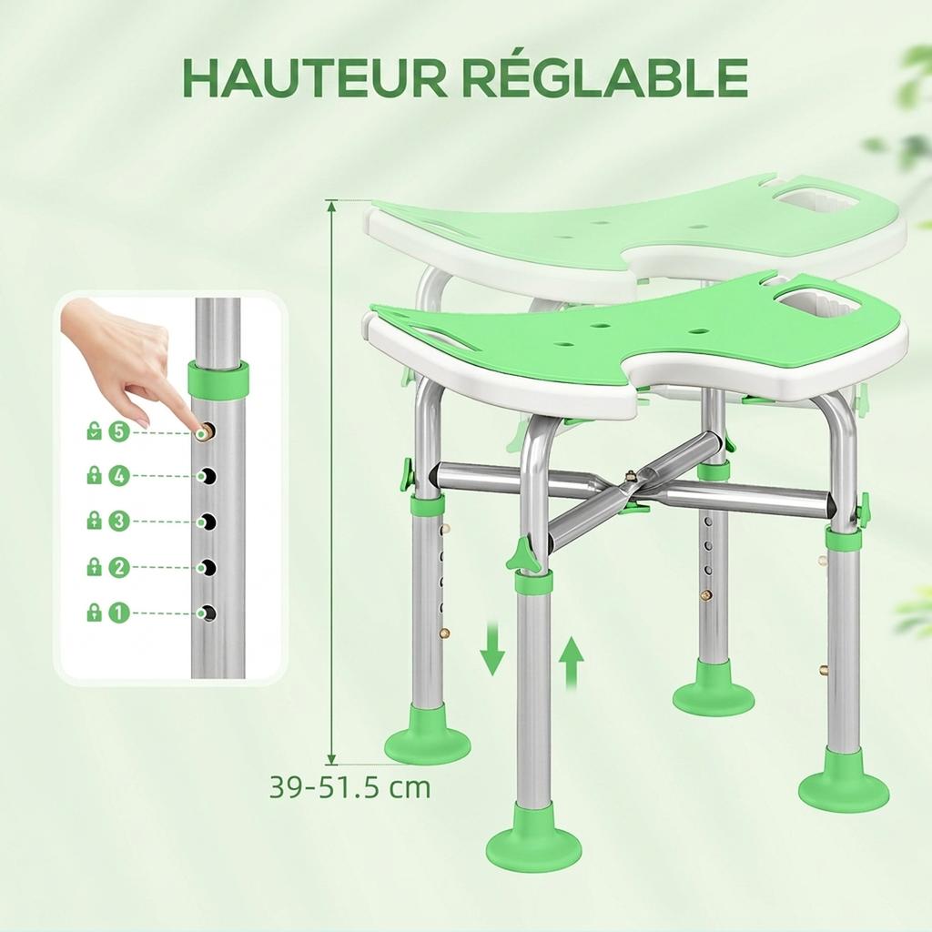 Shower Stool, Adjustable Height 39-51.5 cm, Suction Cup Support Bar, Suction Cup Pads, Green