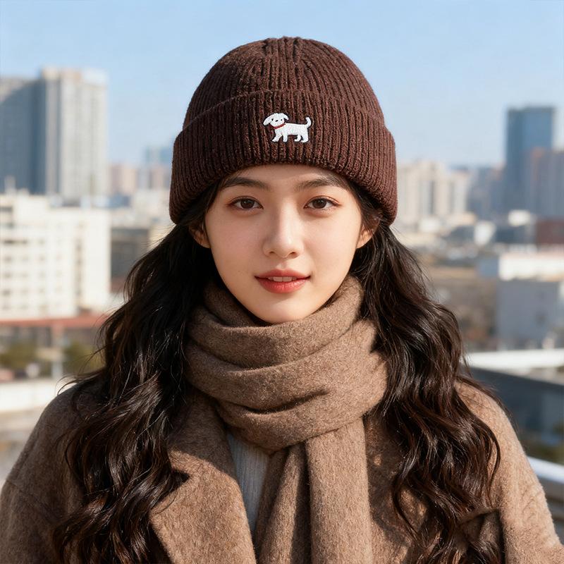 Bestickte Strickmütze für Damen Herbst und Winter Koreanische Version All-Match Wollmütze Kleines Gesicht Großer Kopfumfang Warme Mütze