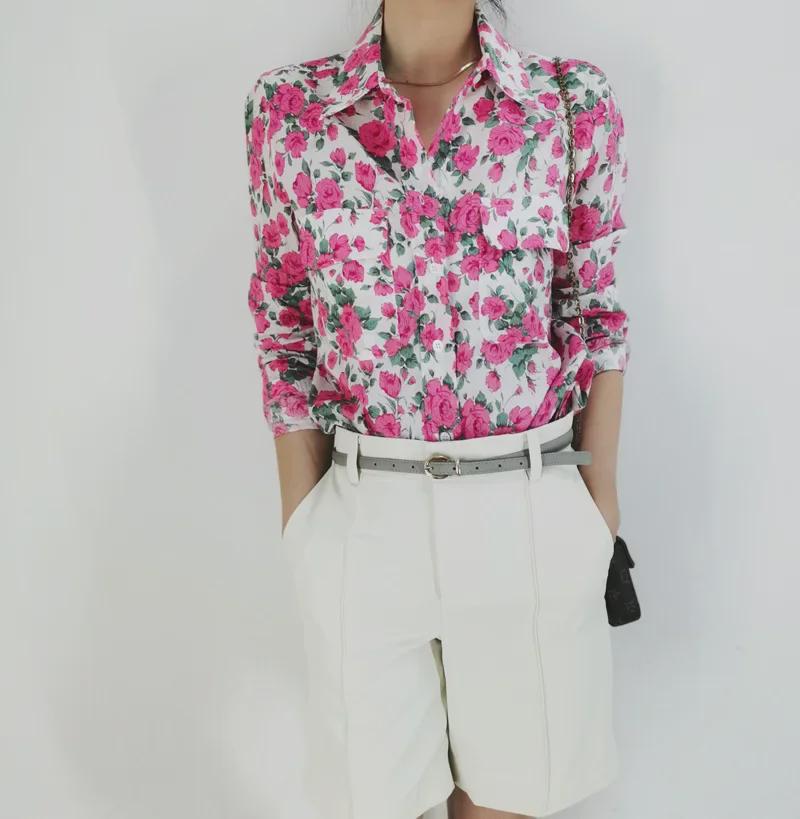 Retro Caroline Rose Print Cotton Long Sleeve Women's Shirt with Double Pockets