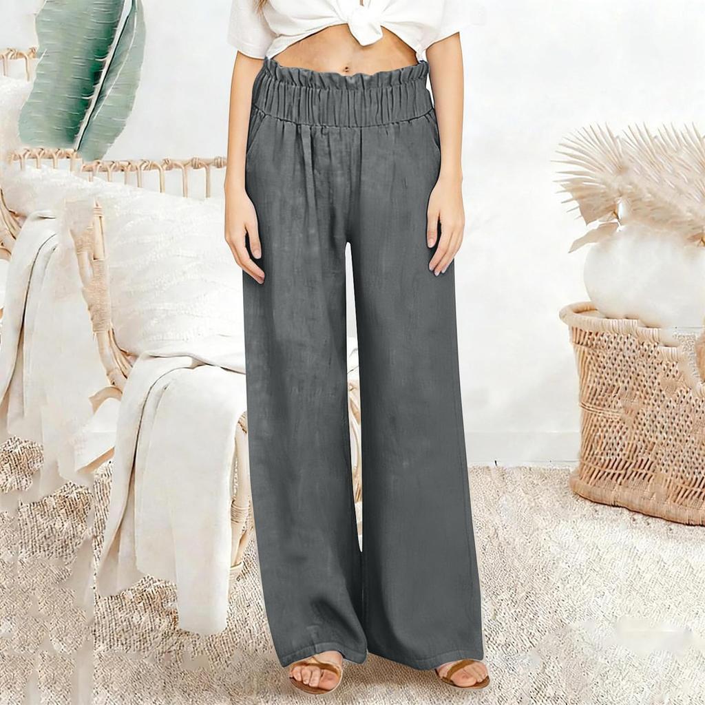 Pantalon Palazzo Large Décontracté en Lin pour Femmes Taille Élastique Polyvalent Business Casual Travail Pantalons Palazzo Avec Poches