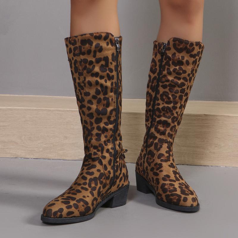 

European and American Plus Size Mid Length Boots 2024 Autumn and Winter New Leopard Print Long Boots for Casual Wear Outside 43 коричневий