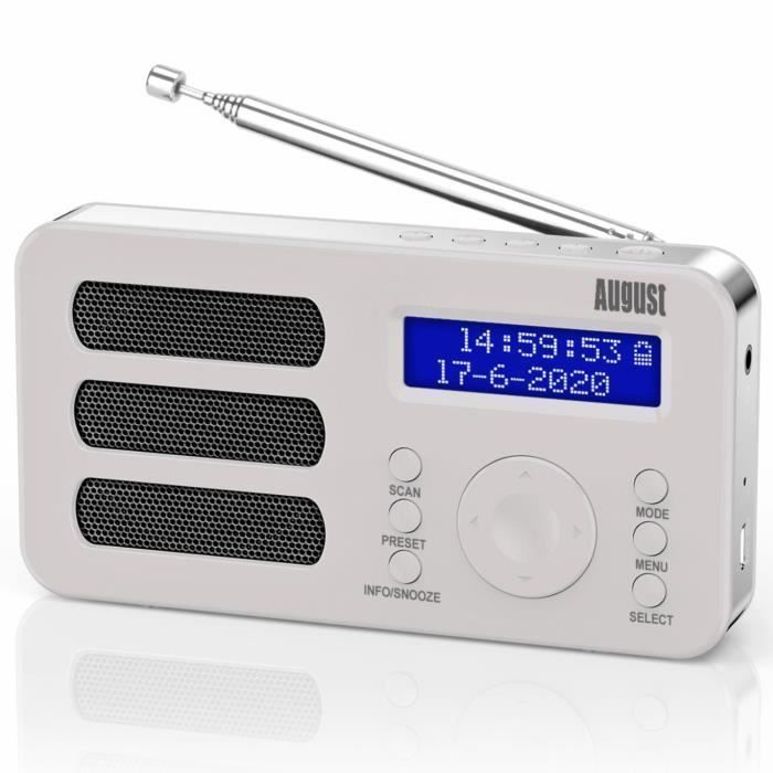 Radio Portable Rechargeable FM DAB Plus - Blanc - Batterie Li Ion - Double Alarme intégrée- August MB225