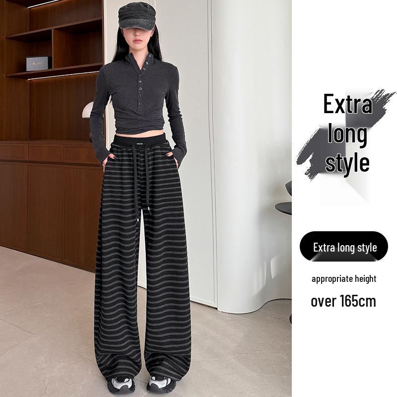 Women's High Waist Gray Striped Wide-Leg Pants - Early Spring 2026 Casual, Slimming, Relaxed Fit