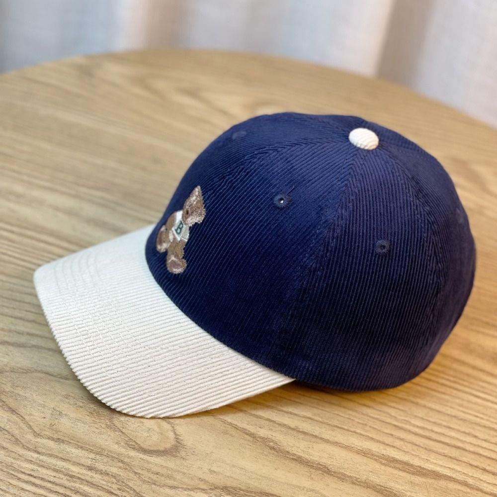 Cute Embroidered Bear Baseball Hat Breathable Corduroy Travel Sunshade Hat Adjustable Wide Brim Outdoor Sport Hat