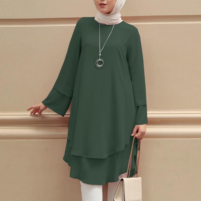 

2025 Spring & Autumn Two-Layer Round Neck Solid Color Shirt Dress 5XL темно-зелений колір