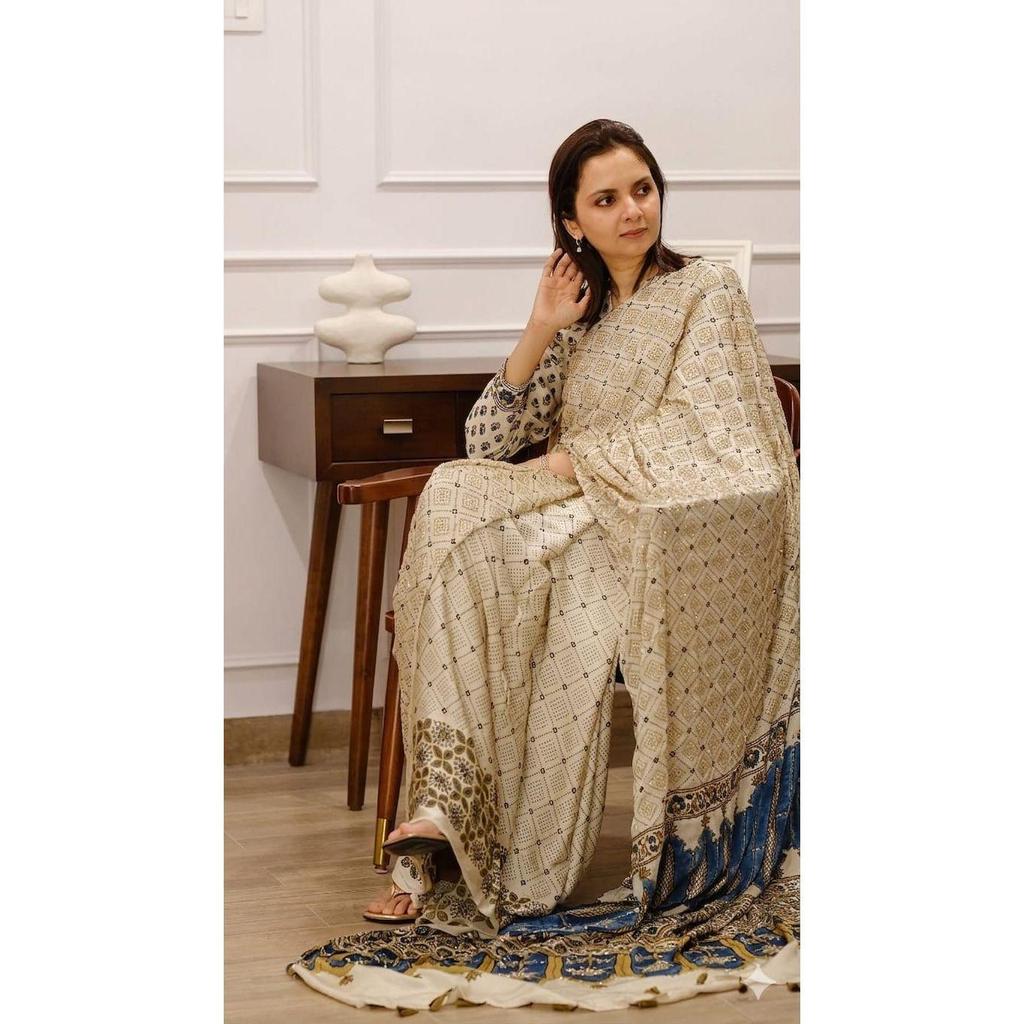 New Launch – Designer Chinnon Ajrak Saree with Real Mirror Work & Premium Kodi Lace Border