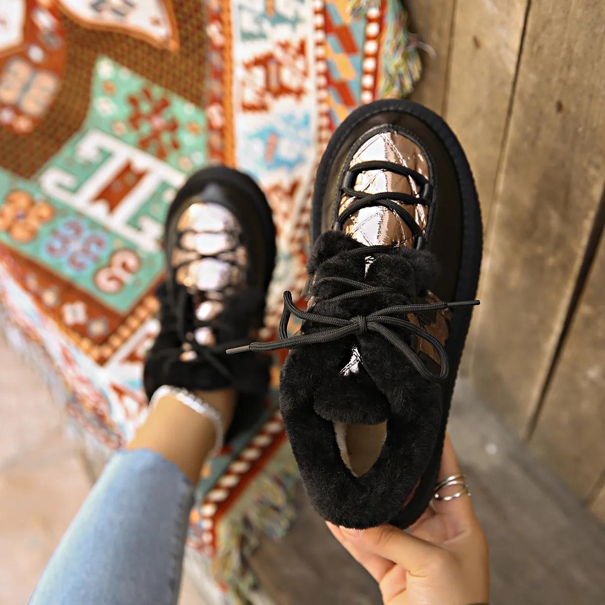 

Elegant with Low Heels Silver Female Shoes Black Lace-up Round Toe Ladies Snow Boots Laces Boot Winter Footwear Furry Padded 39 38