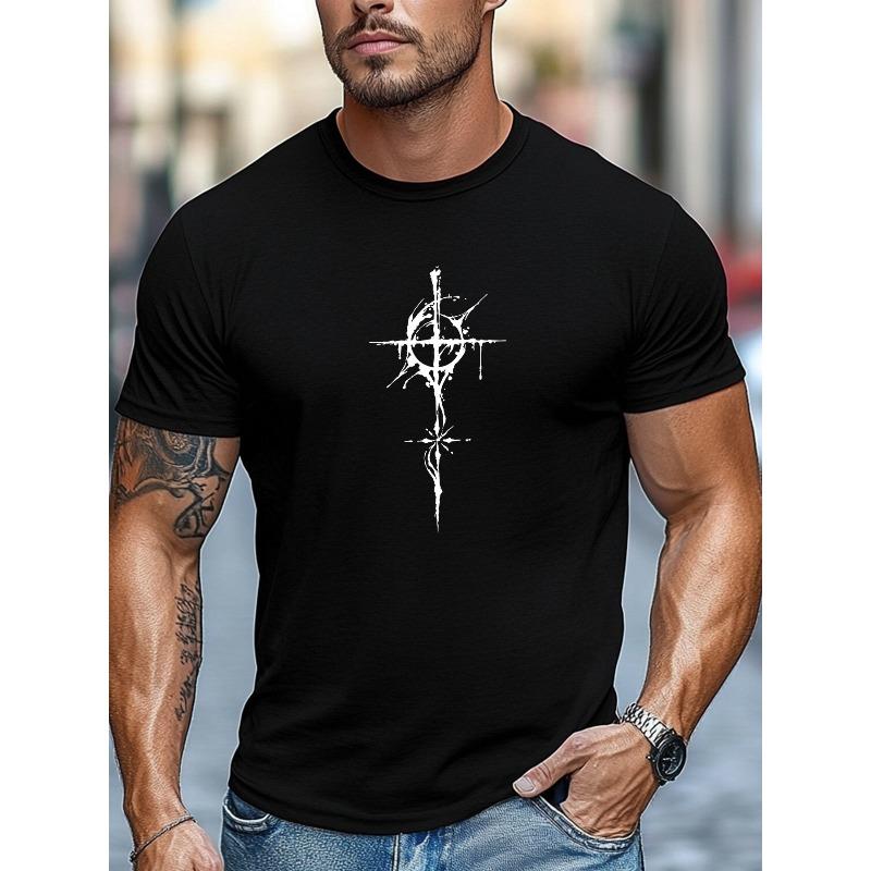 Men's T-shirt, Simple and Clean, Relaxed and Casual, Men's Background with White Mysterious Pattern, Casual Crew Neck Short-sleeve T-shirt