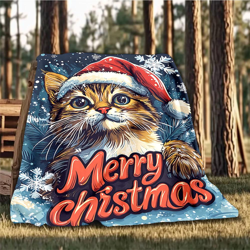 1pc Christmas Cat Outdoor Blanket - Lightweight Flannel Throw For Travel, Camping, Livingroom, Couch, Chair Yy251114221