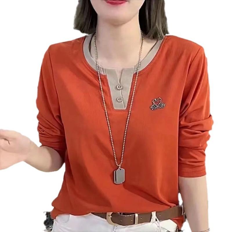 Spring and Autumn V-neck Long Sleeved T-shirt Casual Women's Top