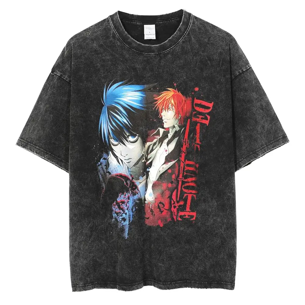 Klassisches Japanisches Anime Death Note Print T-Shirt Herren Gewaschen Übergroß Retro Streetwear Baumwolle Kurzarm Kleidung Lässig Locker Damen Herren Kleidung