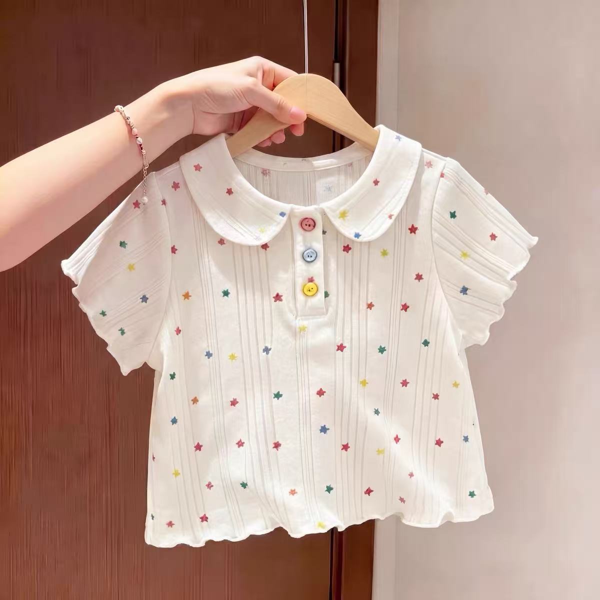 Girls Summer Cute Ruffled Peter Pan Collar Printed Short Sleeve T Shirt Polo Top 90cm белый