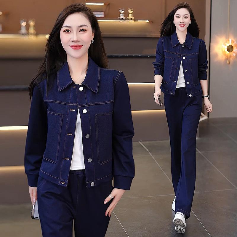 

Women s Spring 2026 Denim Suit: Stylish Jacket & Wide-Leg Pants Set for Mother s Day L (for 100-110 jin)