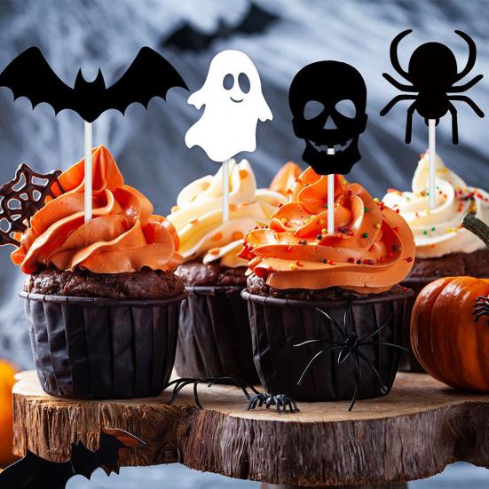 12 Pcs Halloween Cupcake Toppers Black Spider Skull Bat White Ghost Cake Picks for Halloween Theme Birthday Party Supplies