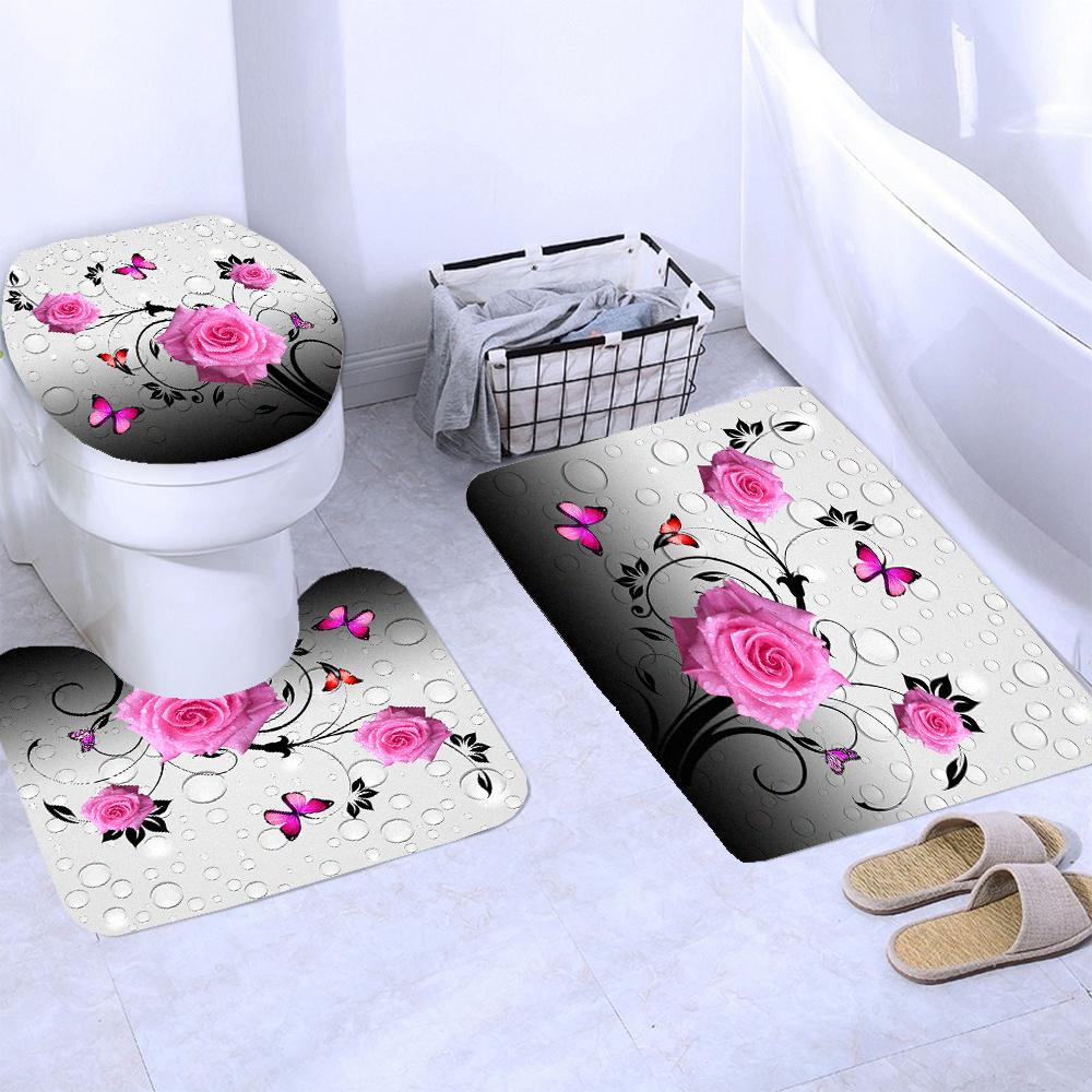 3D Butterfly Flower Fabric Waterproof Shower Curtain Bathroom Curtains Set Blue Pink Rose Non-Slip Rug Toilet Lid Cover Bath Mat