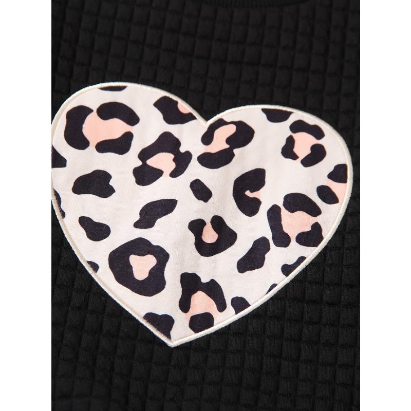 Two-Piece Girls' Casual Leopard Print Set with Heart Pattern - Brown White Long Sleeve Top Pants, Perfect for Fall/Winter
