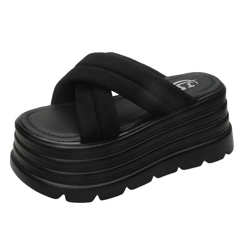 Fashion 8CM High Platform Slippers For Women Open Toe Leather Wedges Chunky Sandals New 2025 Summer Thick Bottom Female Beach Flip Flops