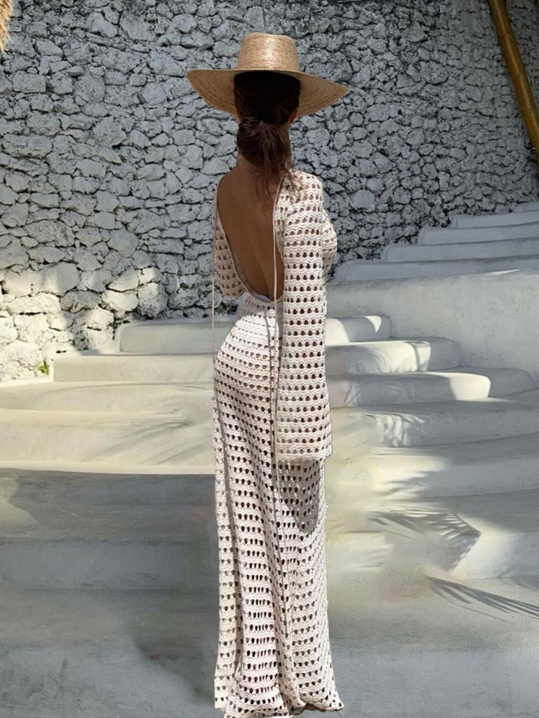 Sexy Knit Mesh Backless Long Bell Sleeve Beach Maxi Dress 2025 Women's Summer Slim Outfits Vacation Swimsuit Cover Up Tunic K205