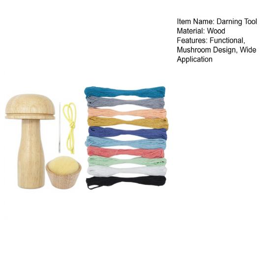 1 Set Darning Mushroom Wood Darning Egg Knitting Repair Tool Sewing Tool with Elastic Rope Large Eye Needle for Darning Socks Hats Sweaters DIY