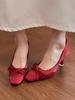 Red Square Head Satin Bow Xiuhe Thin Heel Single Shoes Women's New Chinese Light Mouth High Heels Wedding Shoes