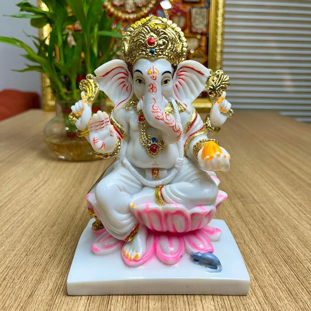 Handmade Marble Dust Lord Ganesha On Lotus 7 Inch for Diwali Flower God Idol Art Figurine for Home Car Dashboard Ganpati Murti Temple Pooja Decorative