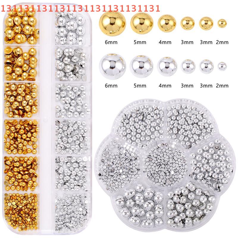 12Grids Manicure Nail Salon Accessories Mixed Semi-circular Pearl Gold And Silver Nail Charms Nail Decor