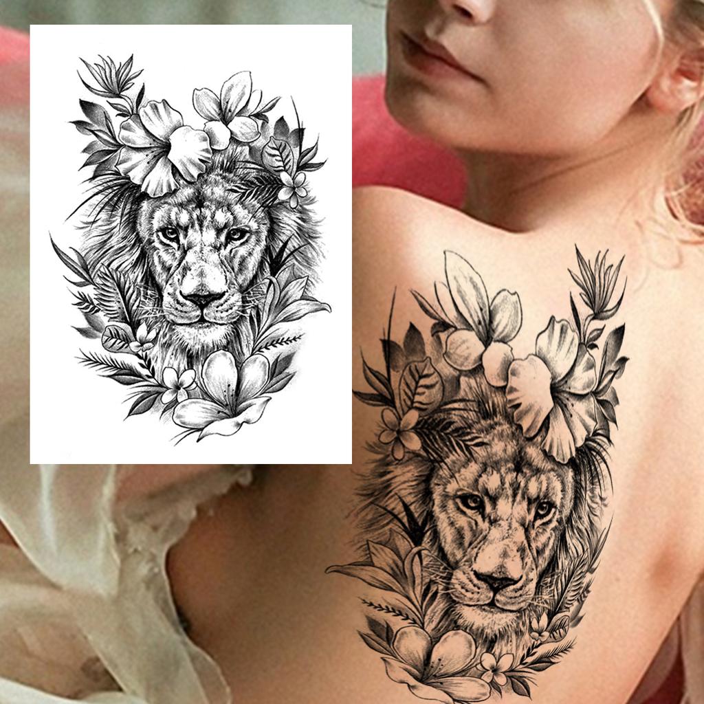 Sexy Tiger Flower Temporary Tattoo For Women Girl Skull Leopard Lion Tattoos Sticker Black Fake Tribal Animal Large Wasit Tattos