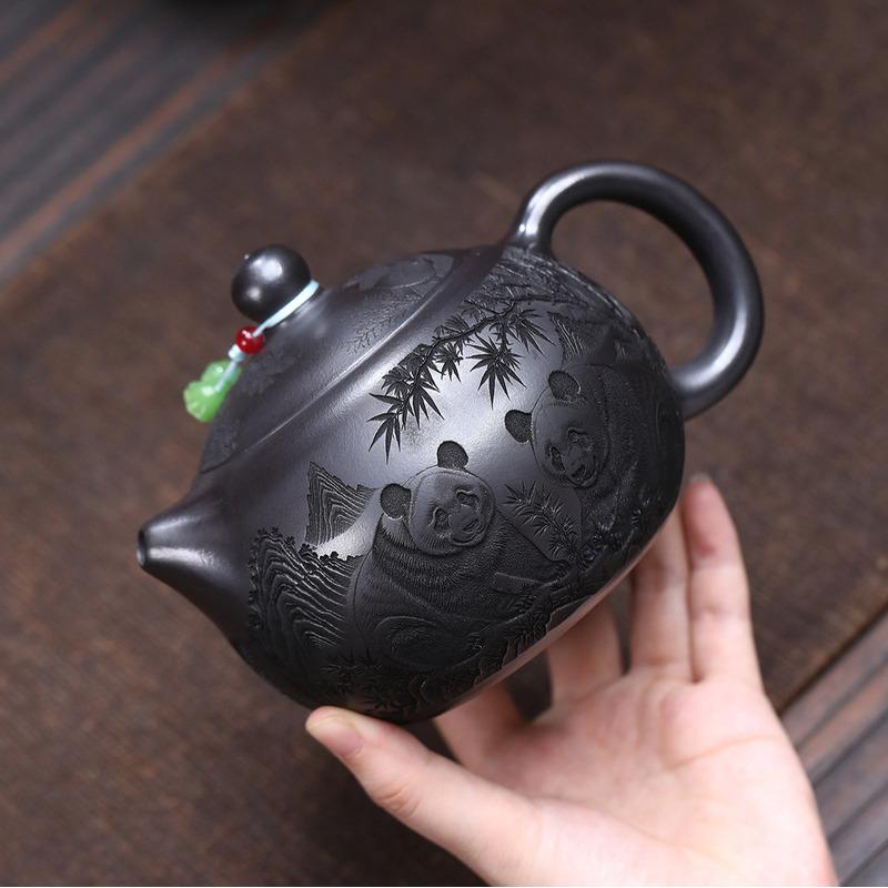 

520ml Authentic Yixing Purple Clay Teapots Handmade Panda Xishi Pot Raw Ore Stone Yellow Mud Kettle With Strainer Zisha Tea Set