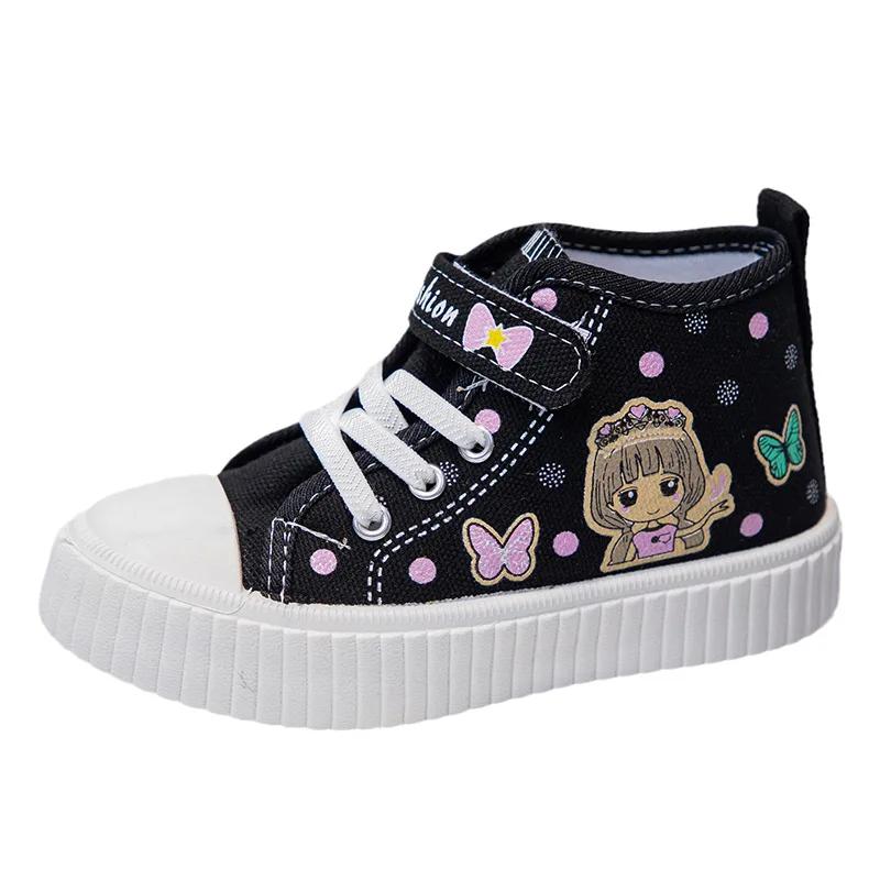 

Кроссовки для детей с героями мультфильмов, осенние туфли для девочек из парусины с высоким берцем, 2024 г., новые детские туфли на мягкой подошве, нескользящие, дышащие, размер 26-37 27 чёрный
