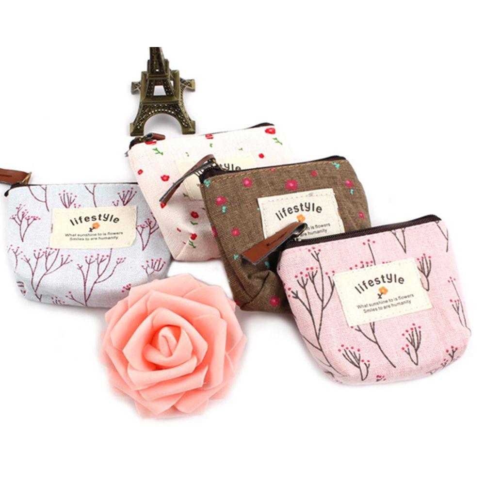 Female Mini Wallet Change Pouch Card Holder Flower Canvas Floral Print Coin Purses Zipper