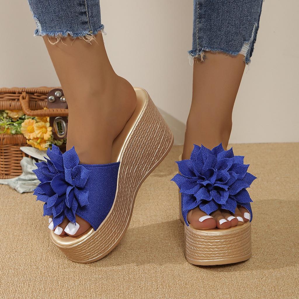 Thick-soled large flower muffin and slippers women's 2024 summer new high-heeled wedge heel large-size women's slippers