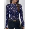 Women Sheer Polka Dot Mesh Half High Neck Long Sleeve Sexy T Shirt Top