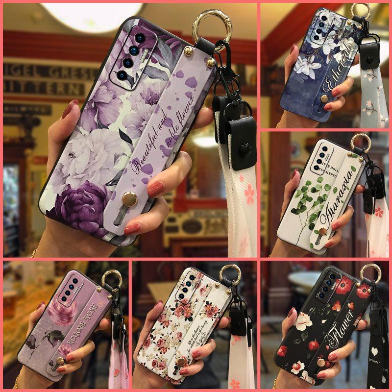 Soft case Silicone Phone Case For Tecno Camon17P Dirt-resistant Flower Durable Wrist Strap Wristband Lanyard Ring