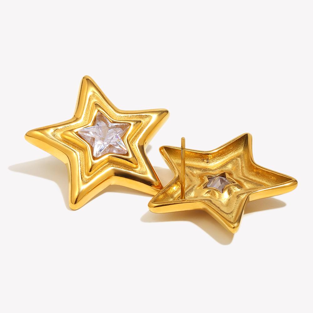 E.B.belle Women's Fashion Party Clear Zircon Star Stud Earrings 18K Gold Plated 316L Stainless Steel Statement Ear Jewelry