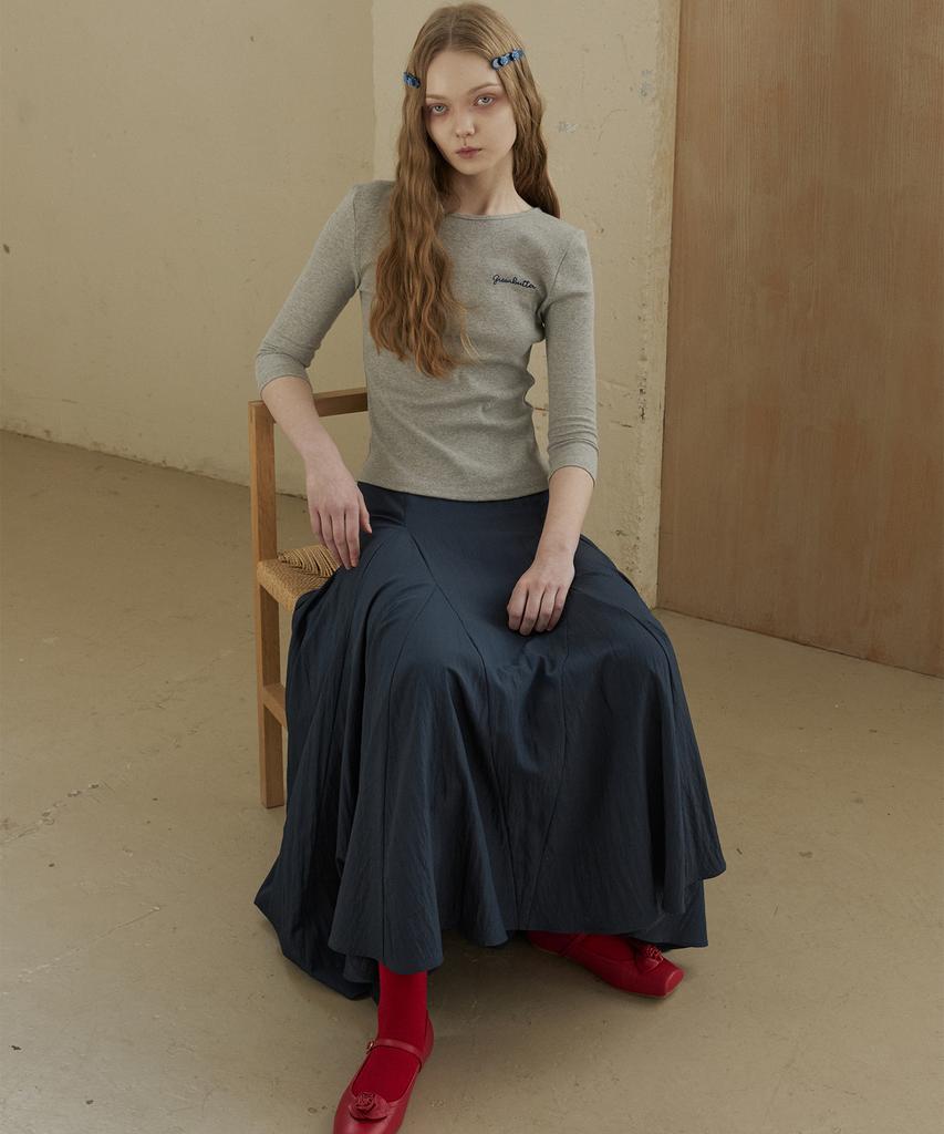 Green Butter Flare Section Long Skirt (Navy)