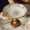 BRHigh-legged Tray Retro Wooden Ceramic Fruit Plate Dessert Bowl Porcelain Tray Kitchen Organizer Wooden Trays Desktop StorageEY