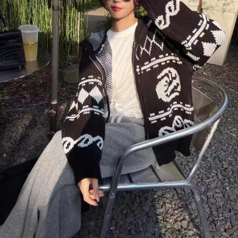 

Autumn and winter retro jacquard contrasting color hooded sweater jacket women s lazy style loose zipper knitted cardigan thickened one size fits all чёрный