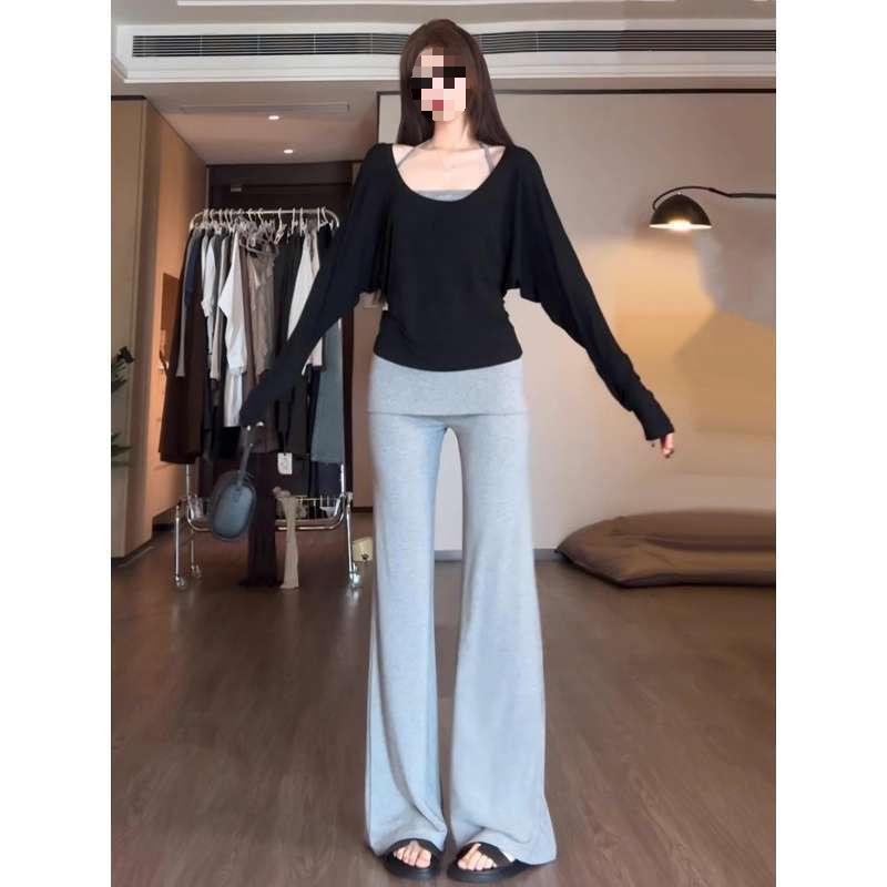 

Women s Autumn Two-Piece Set: Long Sleeve Cover-Up Collar T-shirt & Sweet Spicy Halter Camisole Top Large