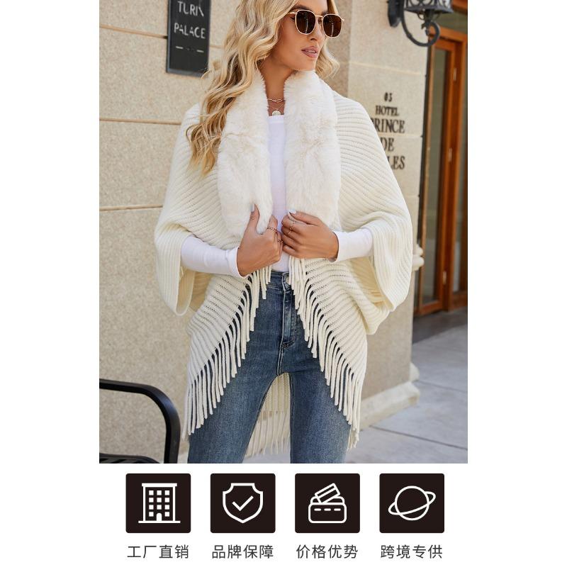 Poncho Châle Cape en Tricot avec Col en Fourrure et Franges pour Femme Vêtement d'Extérieur Chaud