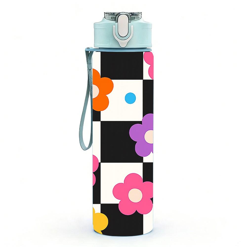 1PC Checkerboard Color Daisy Flower Print 750ml Color Plastic Sports Water Bottle Leakproof Flip Straw Lid Suitable for Sports Office Home Use