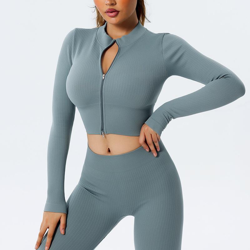 JYL Stand Collar Zipper Long Sleeve Yoga Slim Quick Dry Outfit Set