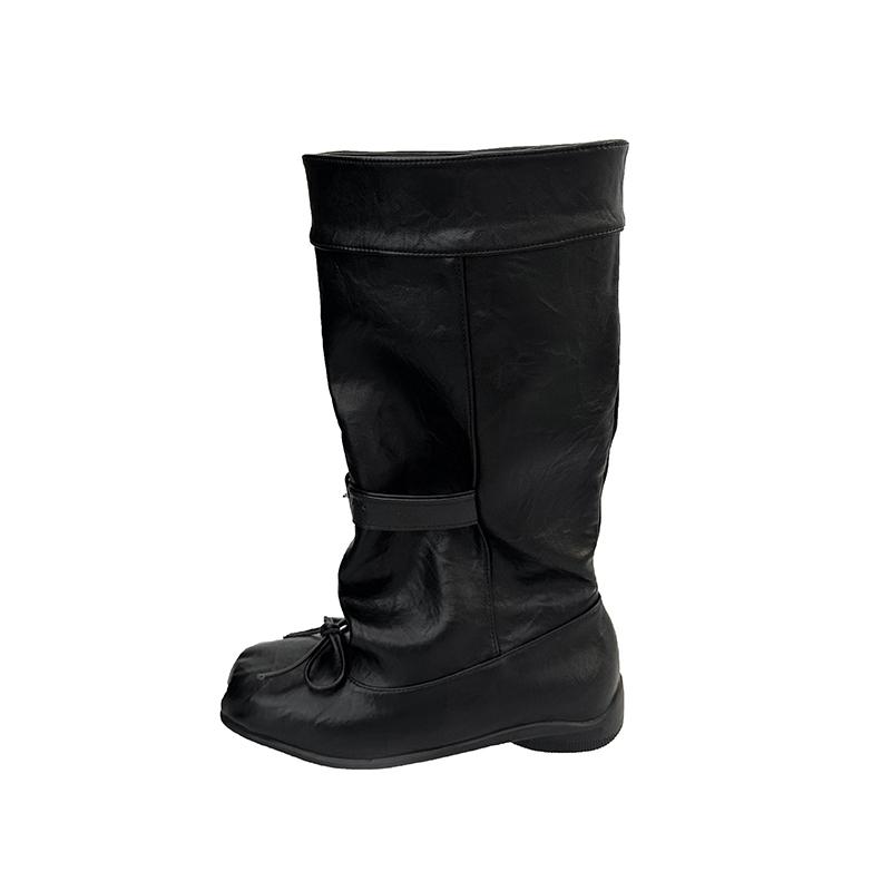 New Style Women's High Boots Round Toe Butterfly-Knot Decoration Solid Color Slip on Mary Jane Loose Mid-Calf Boots Female