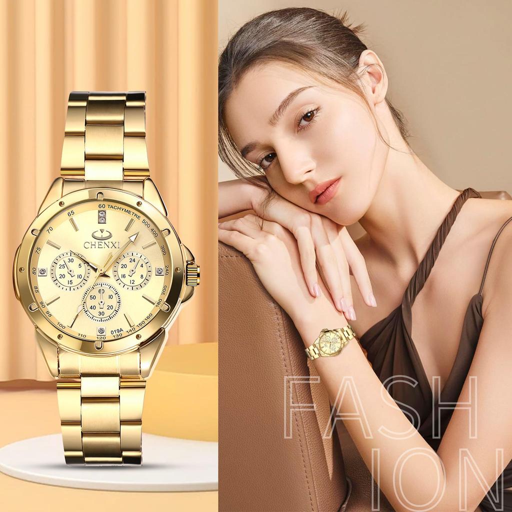 Women's Watch with Round Dial, Rainproof, Large Dial, Triple Lens, Stainless Steel, Bar Index, Quartz Movement, Adjustable, Gold Dial, Perfect Gift