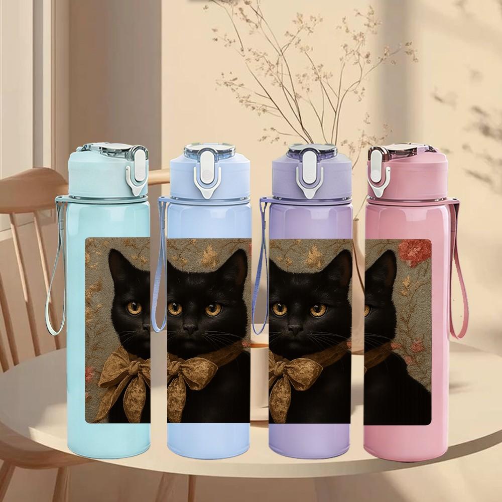 1PC Sleepy Black Cat Portrait 750ml Color Plastic Sports Water Bottle Leakproof Flip Straw Lid Suitable for Sports Office Home Use