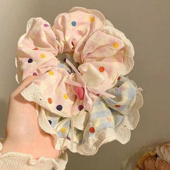 2Pcs Hair Tie High Elasticity Lace Edges Plaid Pattern Hair Rope Strong Ponytail Holder Buns Ponytails Hair Accessories