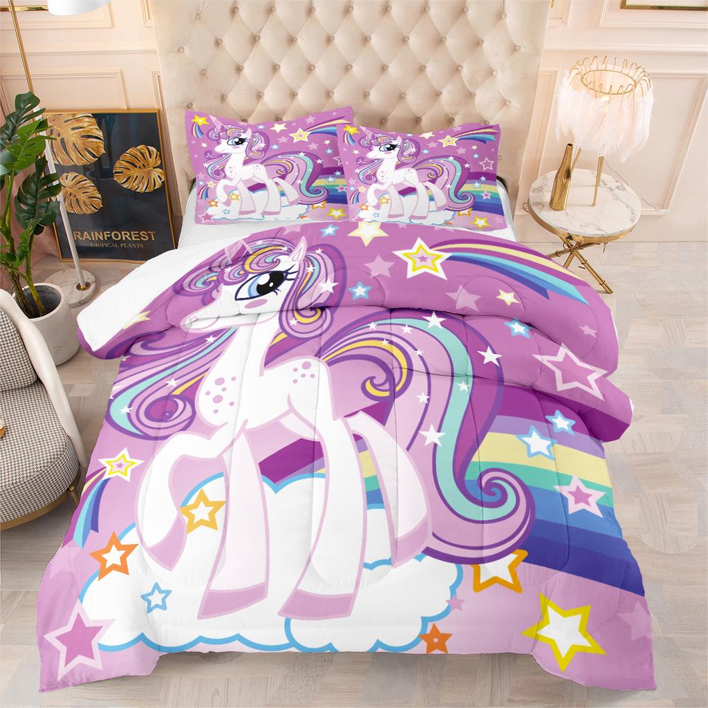Cute Unicorn Feather Silk Cotton Filled Quilt Kids Cartoon Autumn and Winterheattechbedding Printing Quilt Cover Three-piece Set